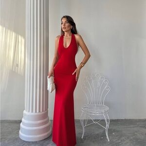 Sleek Red Halter Maxi Dress for Women